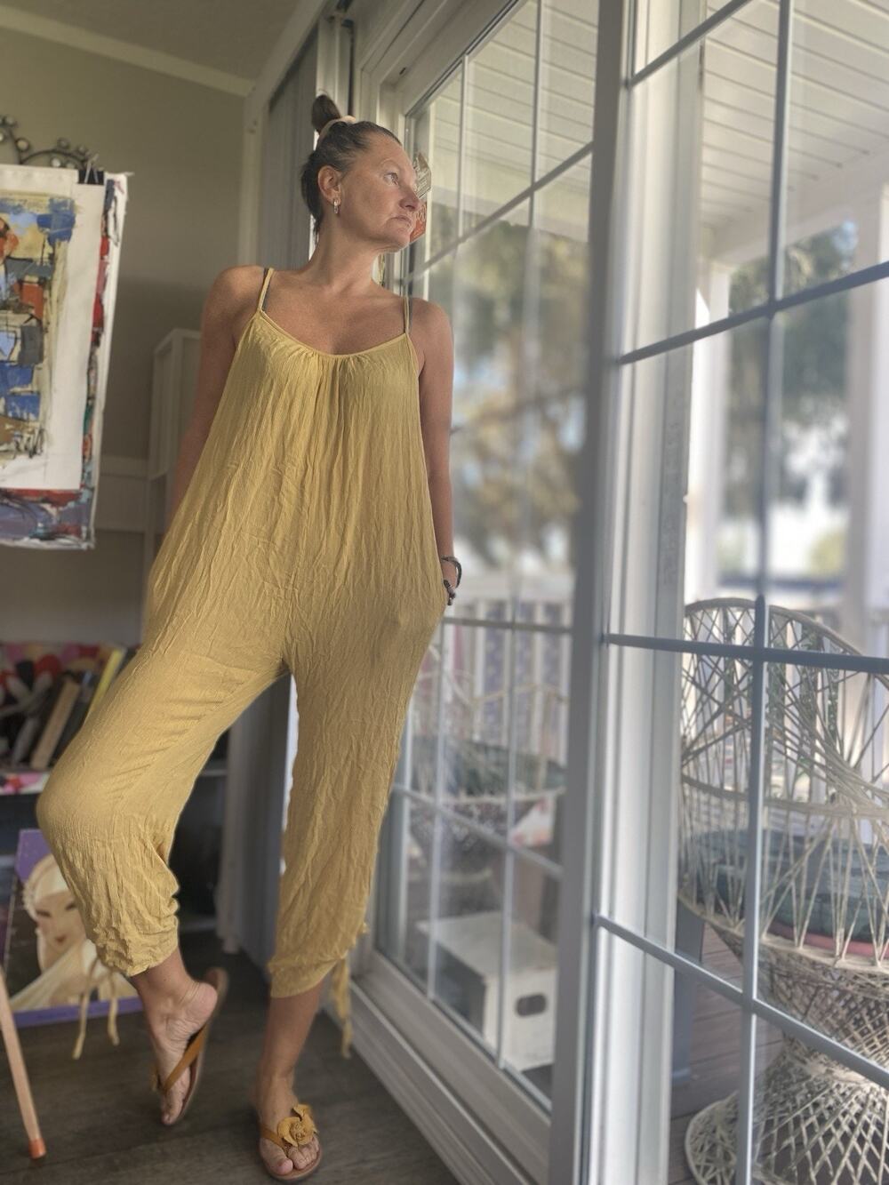 ETAM Loose Cotton Bohemian-Style Wide-Leg Romper Jumpsuit Mustard Yellow S/M